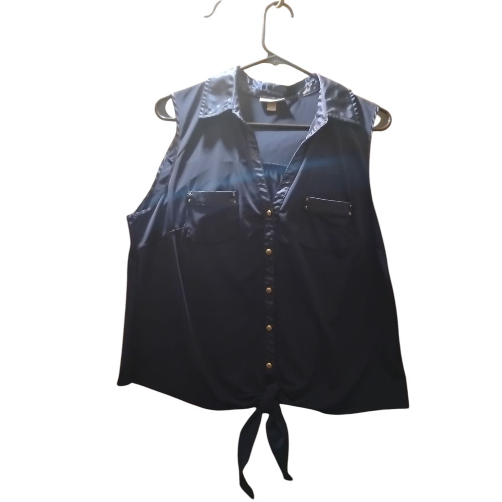 Rox & Ali Tie Front Navy Sleeveless Top w. Satin Trim & Gold Ball Accents L